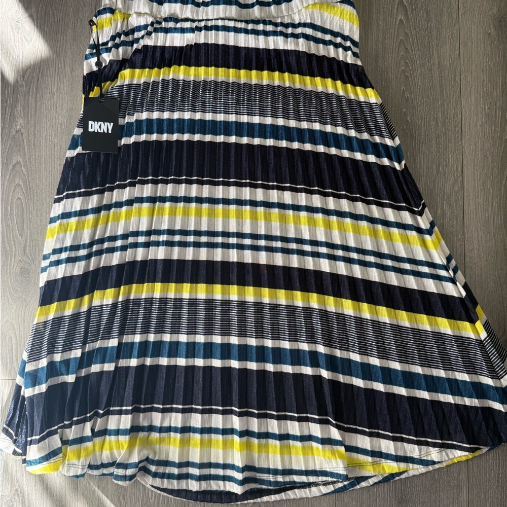 DKNY Womens Navy‎ Blue Yellow Striped Pleated Midi Skirt P2HR7974